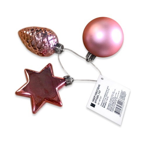 Набор елочных игрушек 50мм_ 35x58мм_ 60мм_ 3 шт розовый _96