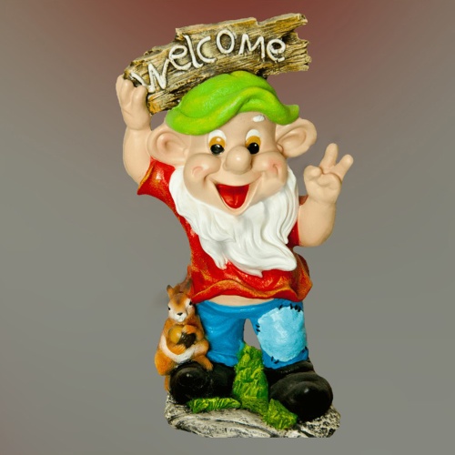 Фигура садовая ГНОМ С ТАБЛИЧКОЙ WELCOM И БЕЛКОЙ _1